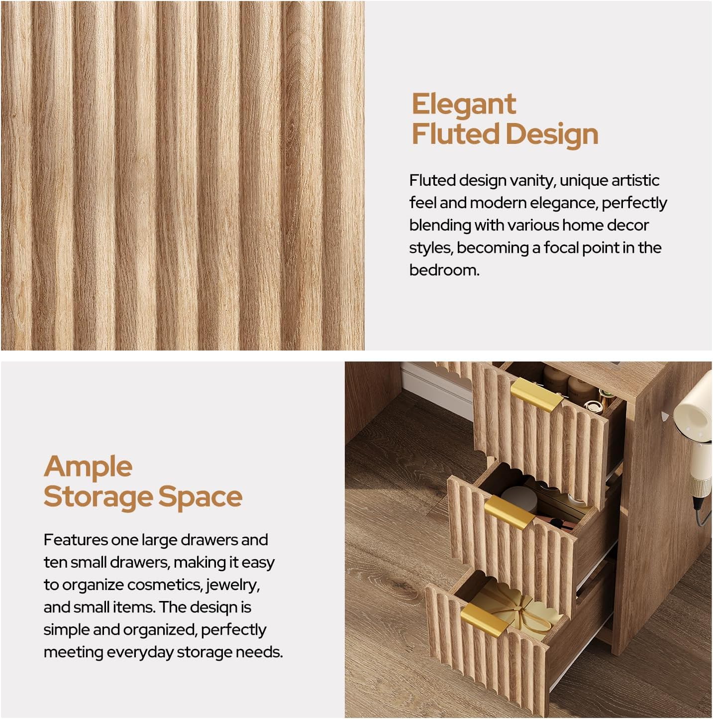 47" Fluted Makeup Vanity Desk with Large 42" Mirror and Ajustable LED Lights, Modern Glass Top Big Vanity Table with 7 Drawers, Dressing Table w/Charging Outlet for Bedroom, Natural Oak