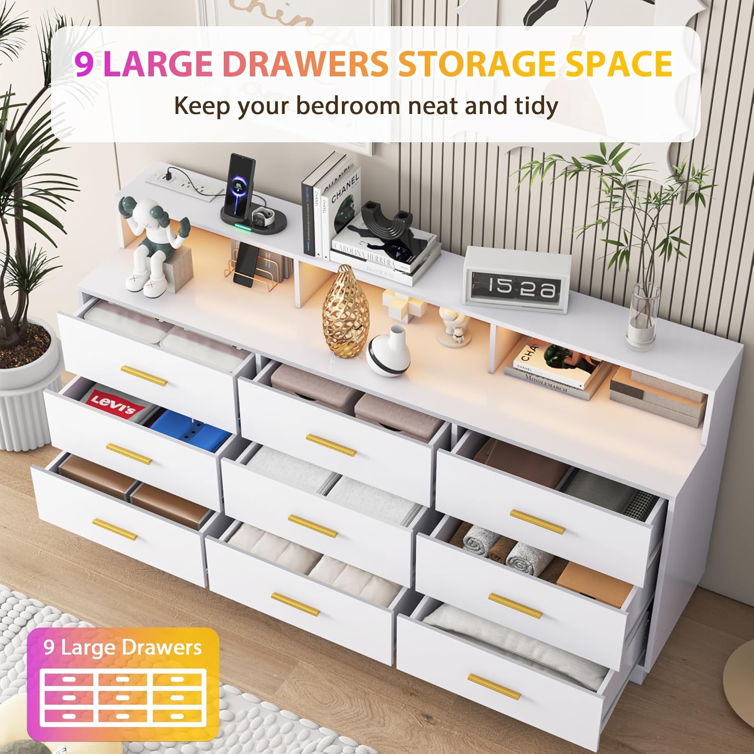 White 9 Drawer Dressers for Bedroom, Modern Large Dresser with LED Light and Power Outlet, Wooden Long Dresser, Triple Dressers for Bedroom, Entryway, Hallway