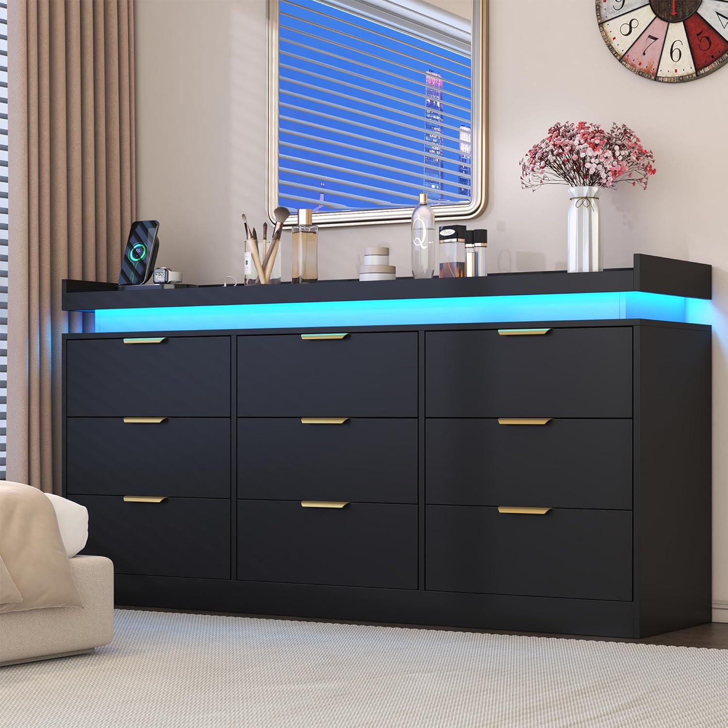 9 Drawer Dresser for Bedroom, Black Dresser with LED Lights and Power Outlet knoworld 9 Drawer Dresser for Bedroom, Black Dresser with LED Lights and Power Outlet knoworld