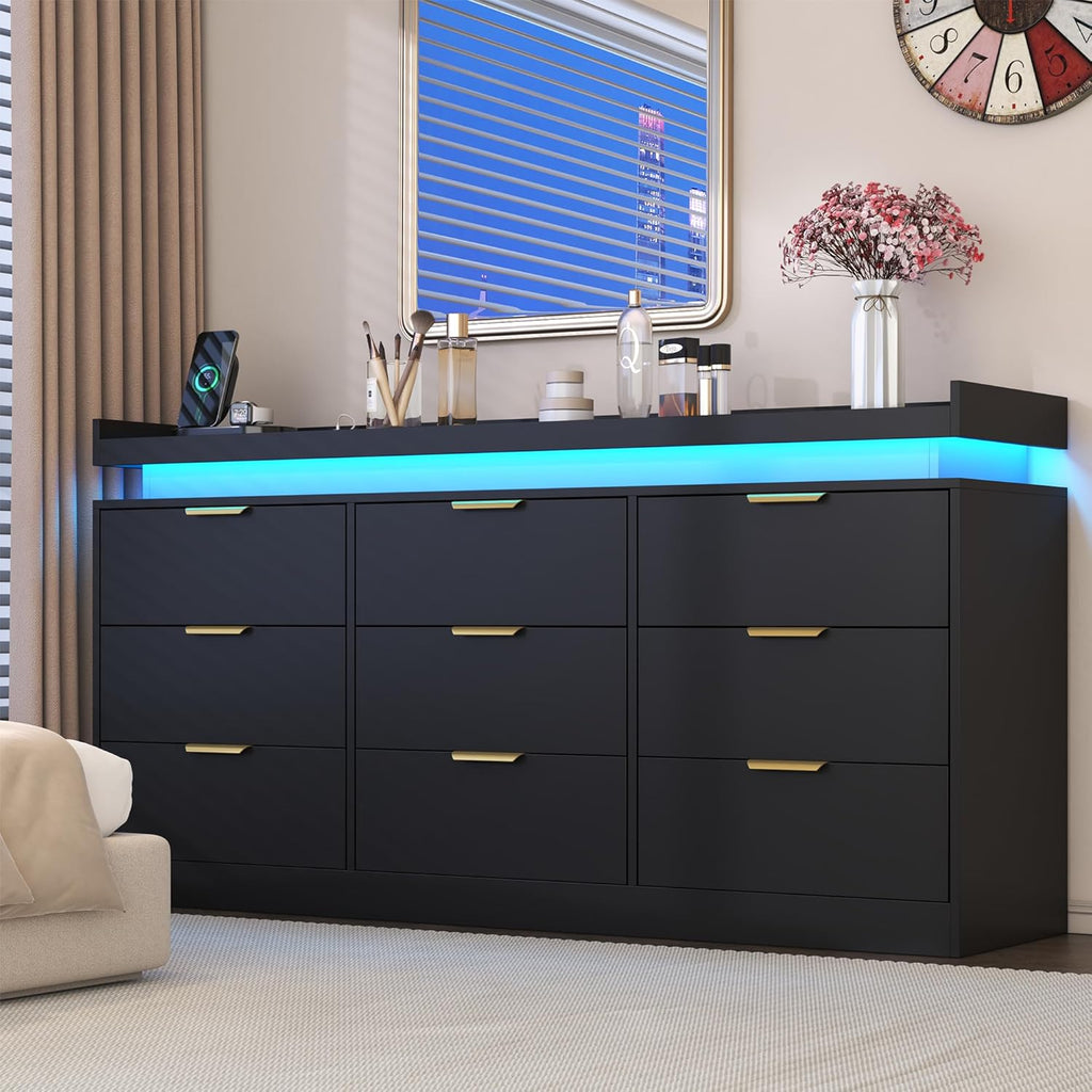 9 Drawer Dresser for Bedroom, Black Dresser with LED Lights and Power Outlet, Large Wooden Dressers Modern Chest of Drawers, Triple Wide Drawer Organizer Cabinet for Bedroom, Entryway, Hallway