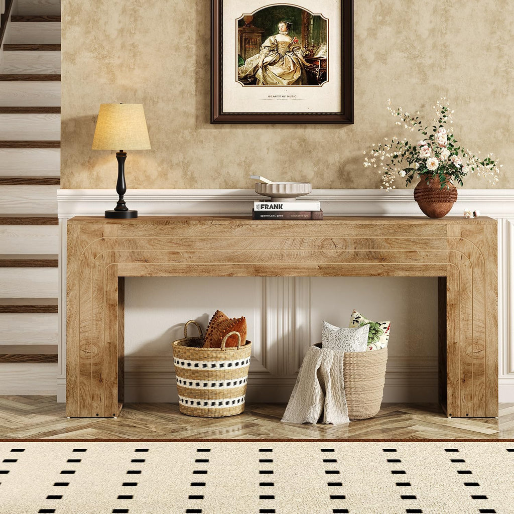 70.9-Inch Long Console Table, Farmhouse Entryway Table with Handcrafted Line Detailing, Wood Narrow Sofa Table for Living Room, Hallway, Foyer, and Behind Couch
