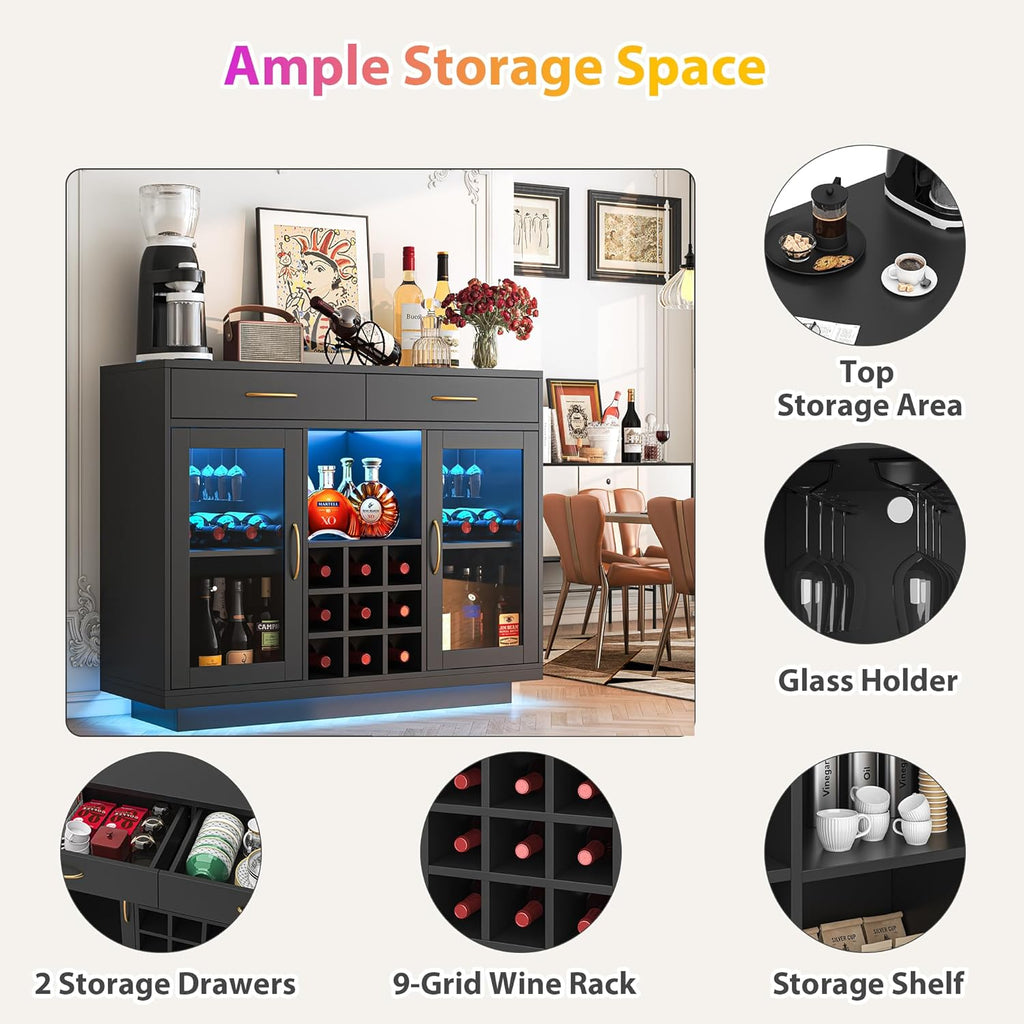 Wine Bar Cabinet with LED Lights, Coffee Bar Cabinet with Wine and Glass Rack, Black Bar Cabinet Liquor Cabinet, Kitchen Buffet Sideboard with Storage for Living Room, Dining Room