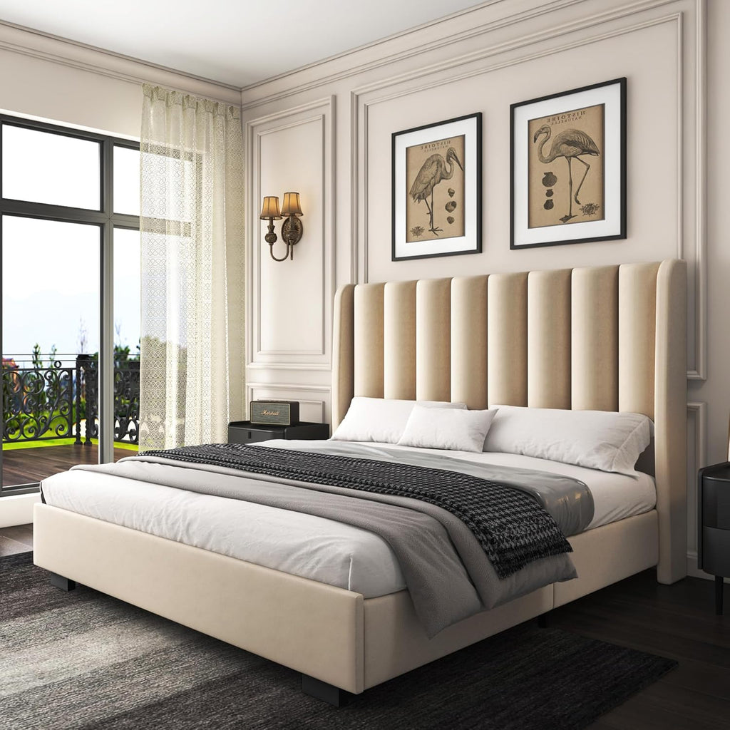 Queen Size Lift Up Storage Bed Frame with 51" Tall Headboard, Upholstered Velvet Wingback Tufted Design, Wood Slats Support, No Box Spring Required, Noise-Free Double Bed Frame (Queen,Beige)