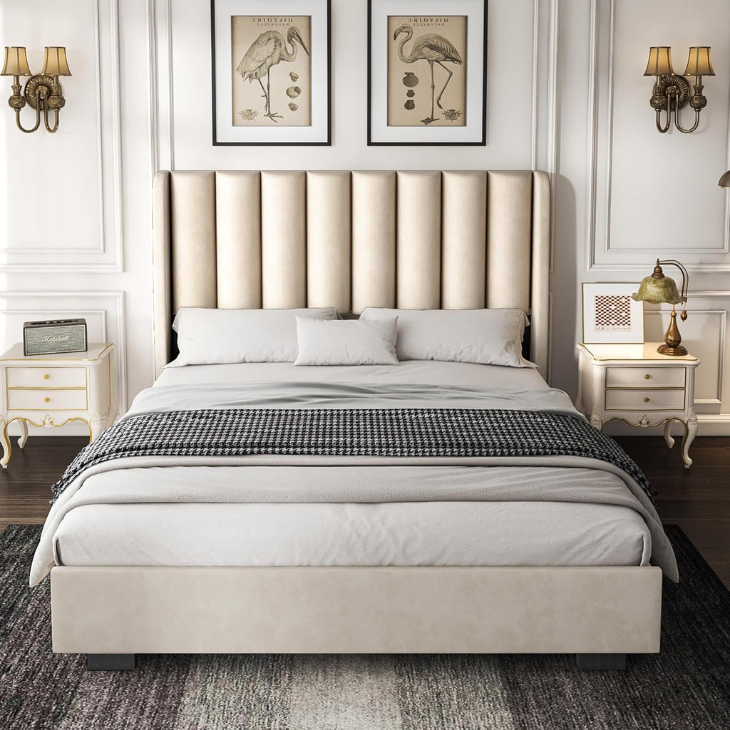 Queen Size Lift Up Storage Bed Frame with 51" Tall Headboard, Upholstered Velvet Wingback Tufted Design, Wood Slats Support, No Box Spring Required, Noise-Free Double Bed Frame (Queen,Beige)