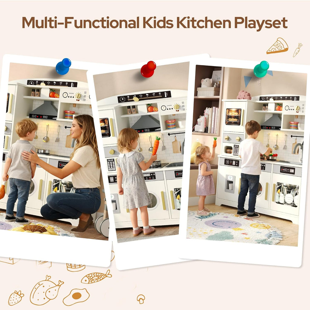 Play Kitchen for Kids, Wooden Toy Kitchen Set with Plenty of Play Features & Accessories, Toddler Kitchen Playset, Pretend Play Kitchen, Gift for Ages 3+