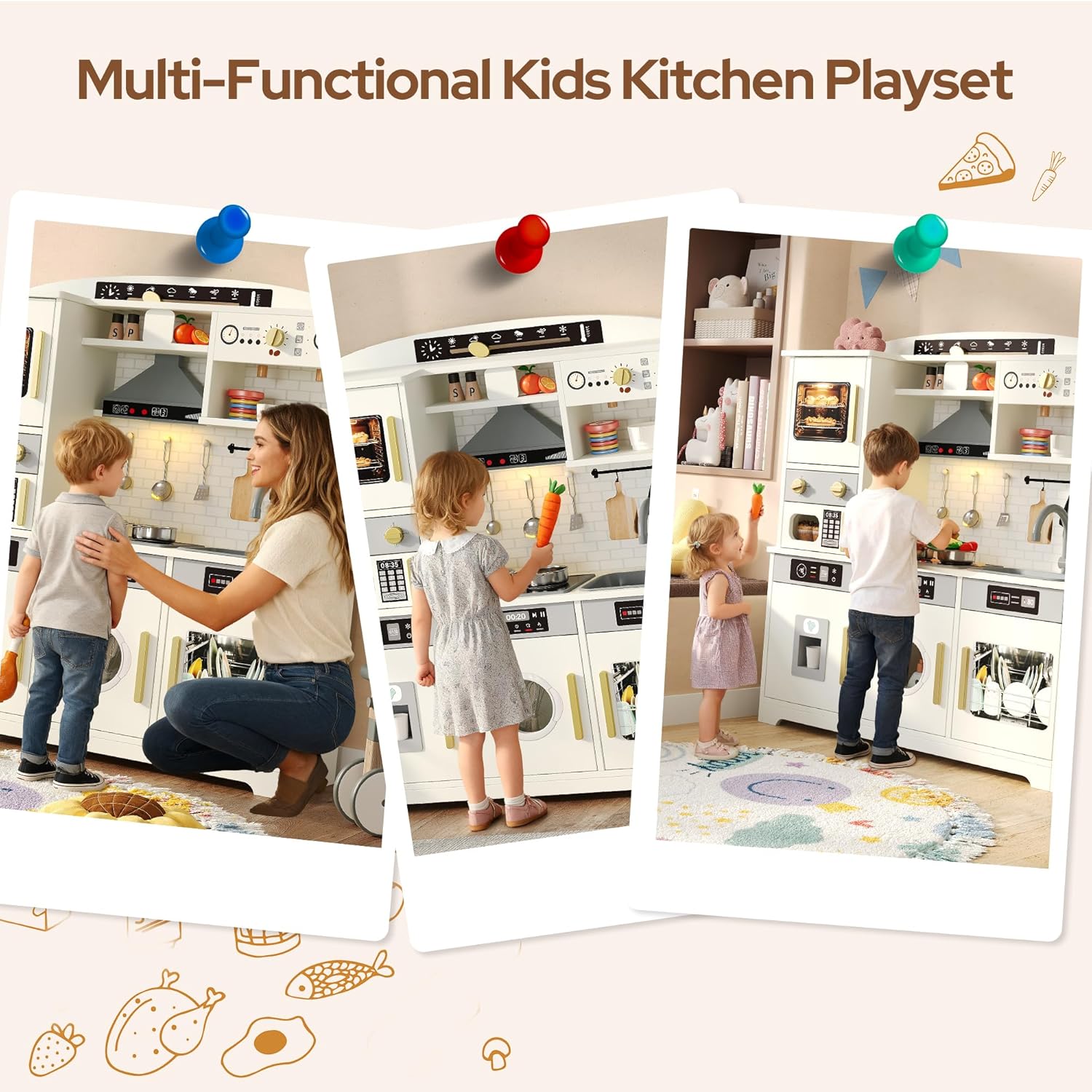 Play Kitchen for Kids, Wooden Toy Kitchen Set with Plenty of Play Features & Accessories, Toddler Kitchen Playset, Pretend Play Kitchen, Gift for Ages 3+
