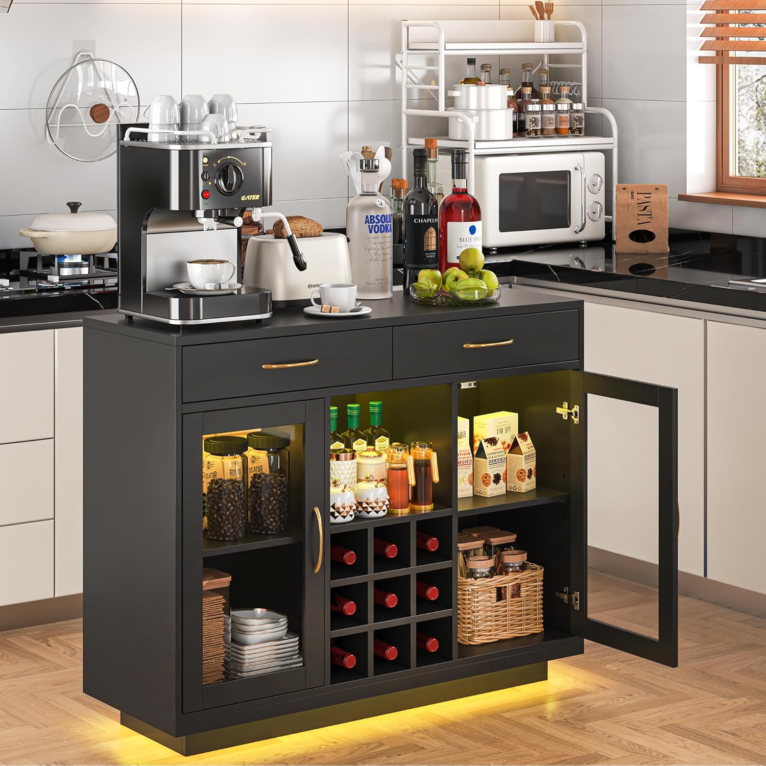 Wine Bar Cabinet with LED Lights, Coffee Bar Cabinet with Wine and Glass Rack, Black Bar Cabinet Liquor Cabinet, Kitchen Buffet Sideboard with Storage for Living Room, Dining Room