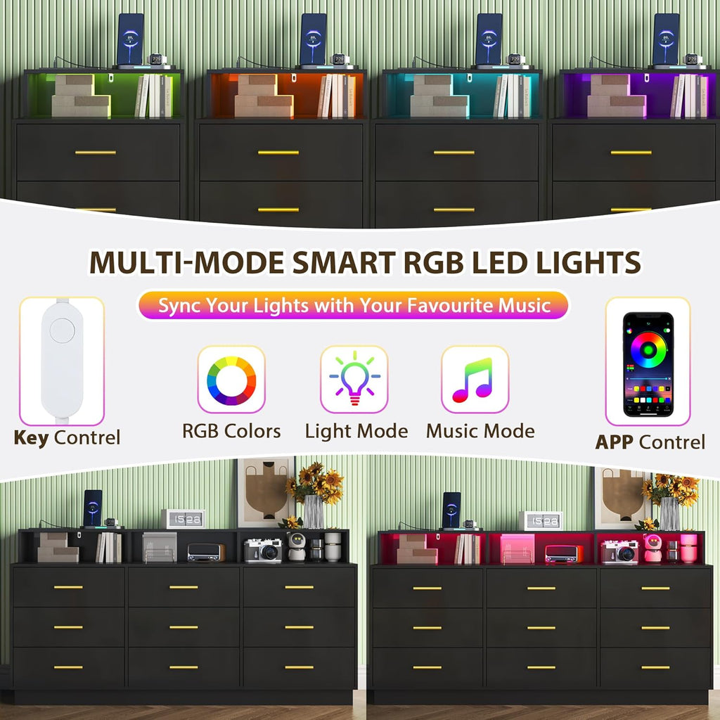 Black 9 Drawer Dressers for Bedroom, Modern Large Dresser with LED Light and Power Outlet, Wooden Long Dressers, Triple Dresser for Bedroom, Entryway, Hallway