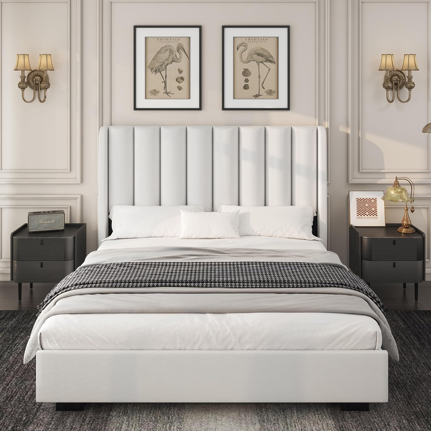 Queen Size Lift Up Storage Bed Frame with 51" Tall Headboard, Upholstered Velvet Wingback Tufted Design, Wood Slats Support, No Box Spring Required, Noise-Free Double Bed Frame (Queen,White)