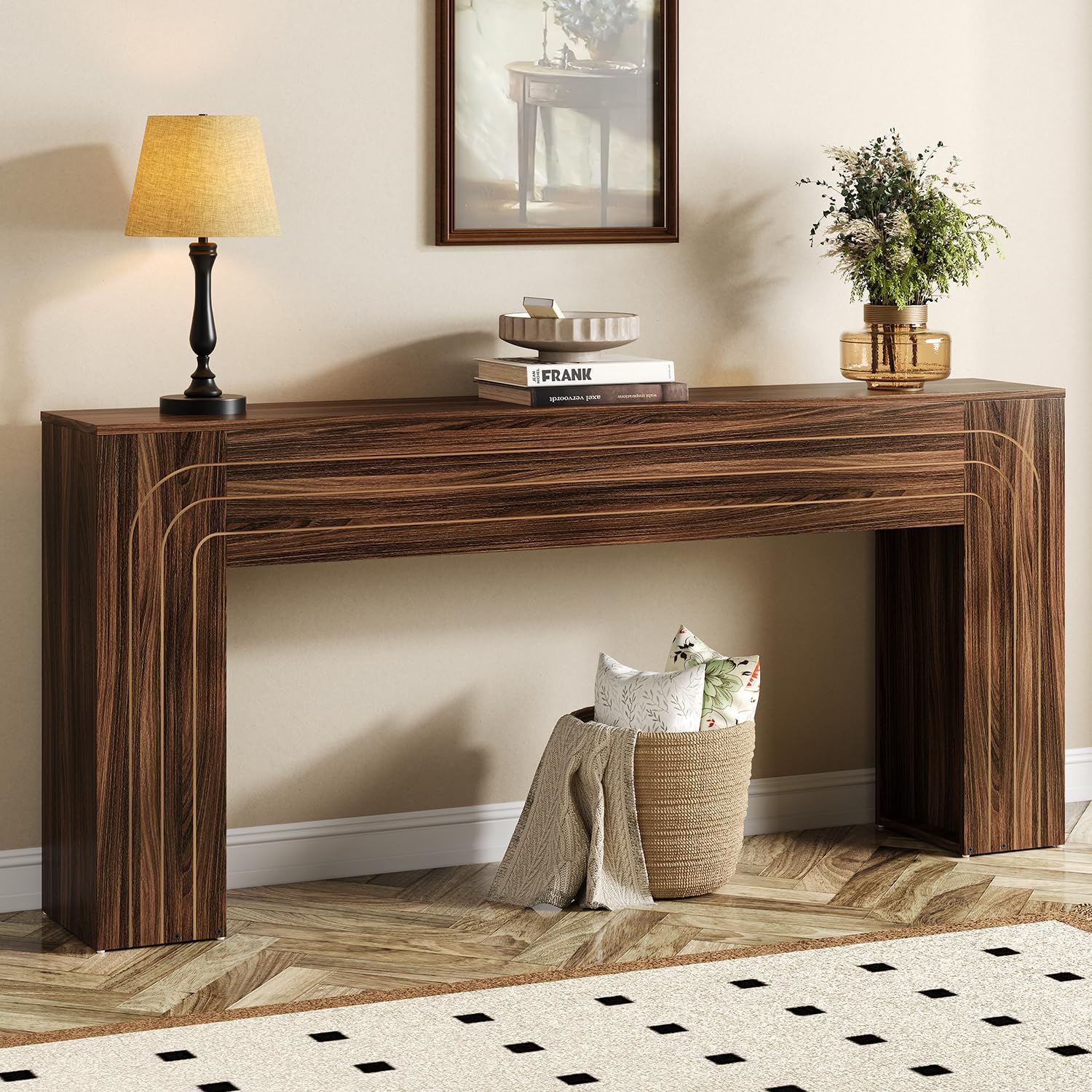 70.9-Inch Long Console Table for Entryway, Farmhouse Sofa Table with Handcrafted Line Detailing, Wood Narrow Table for Living Room, Hallway, Foyer, and Behind Couch