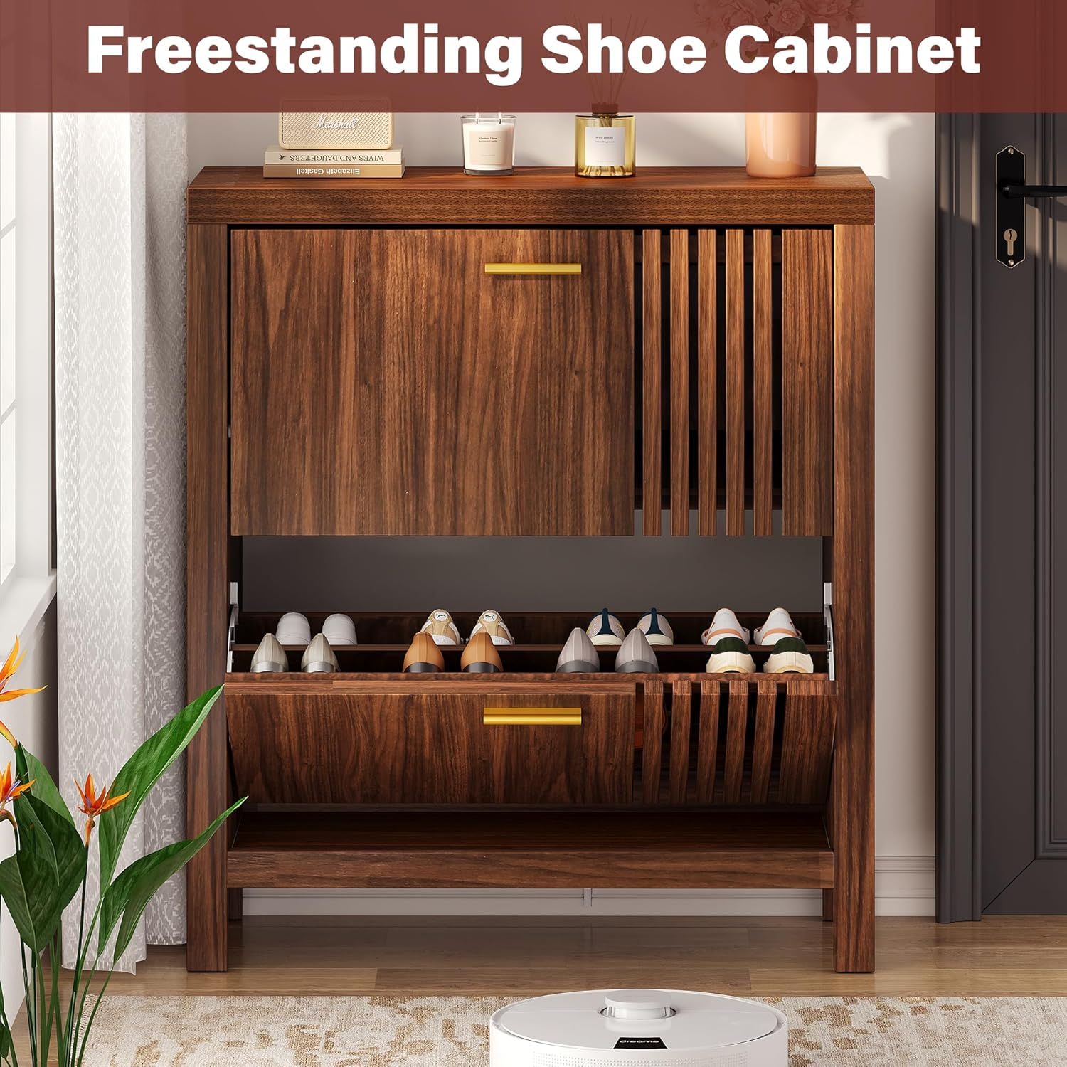 Shoe Storage Cabinet for Entryway with 2 Flip Drawers, 31.5" Slim Fluted Shoe Organizer Cabinet, Narrow Wooden Shoe Rack Cabinet, Freestanding Hidden Shoe Cabinet for Hallway, Entrance (Walnut)