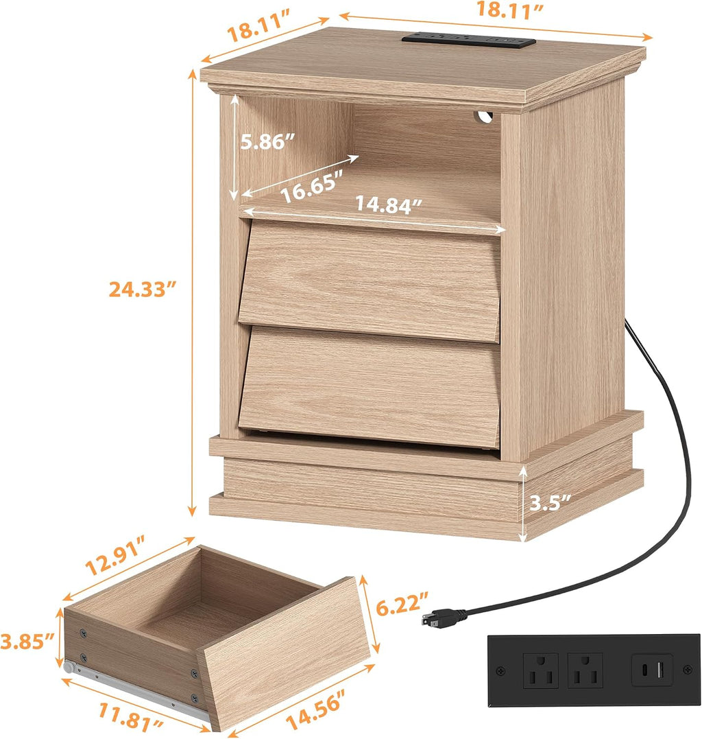 knoworld 18" Wide Nightstand with Charger Station ＆ 2 Drawers, Oak | Modern Night Stand with USB Ports and Outlets, End Table with Open Shelf, Storage Bedsides Table for Bedroom, Living Room