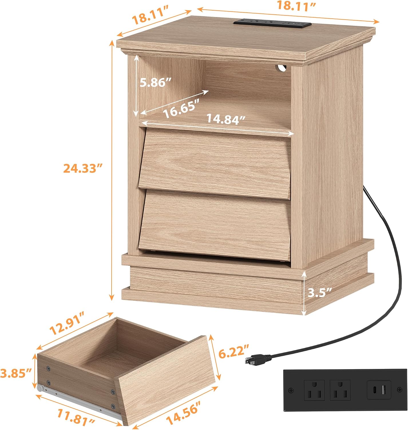 knoworld 18" Wide Nightstand with Charger Station ＆ 2 Drawers, Oak | Modern Night Stand with USB Ports and Outlets, End Table with Open Shelf, Storage Bedsides Table for Bedroom, Living Room