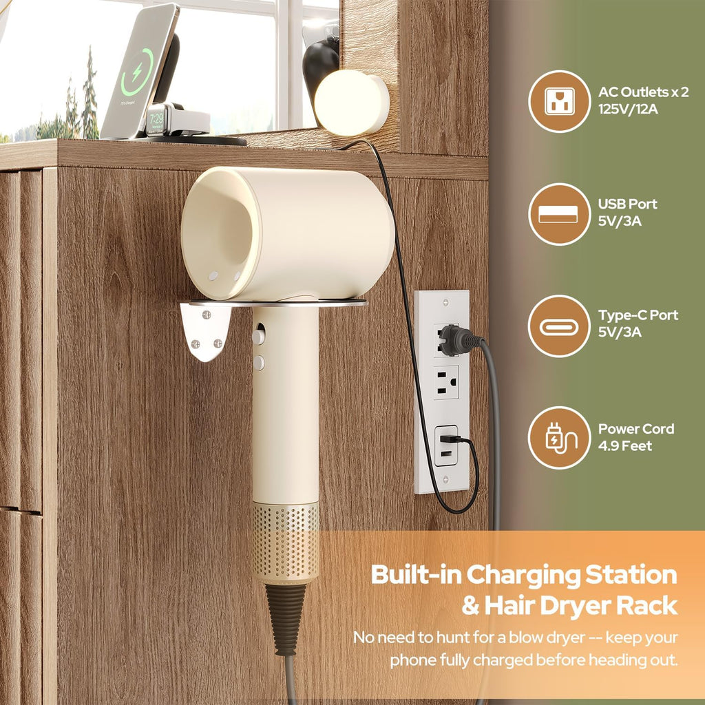 47" Fluted Makeup Vanity Desk with Large 42" Mirror and Ajustable LED Lights, Modern Glass Top Big Vanity Table with 7 Drawers, Dressing Table w/Charging Outlet for Bedroom, Natural Oak