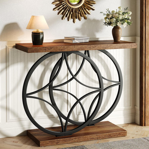 39.4" Console Table, Industrial Entryway Table with Anti-Tilt Design, Narrow Wood Accent Sofa Table Behind Couch with Double Circle Base for Entryway, Living Room, Hallway, Foyer
