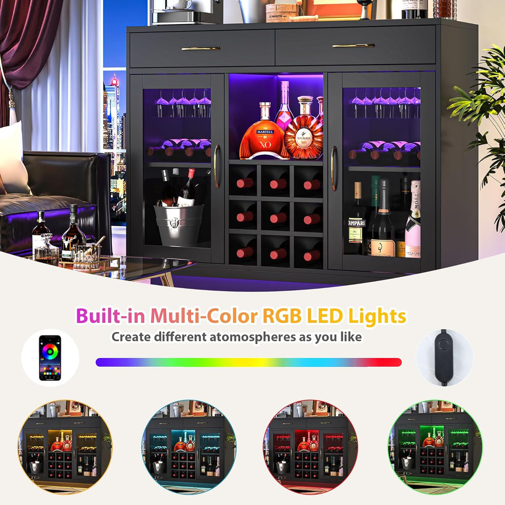 Wine Bar Cabinet with LED Lights, Coffee Bar Cabinet with Wine and Glass Rack, Black Bar Cabinet Liquor Cabinet, Kitchen Buffet Sideboard with Storage for Living Room, Dining Room