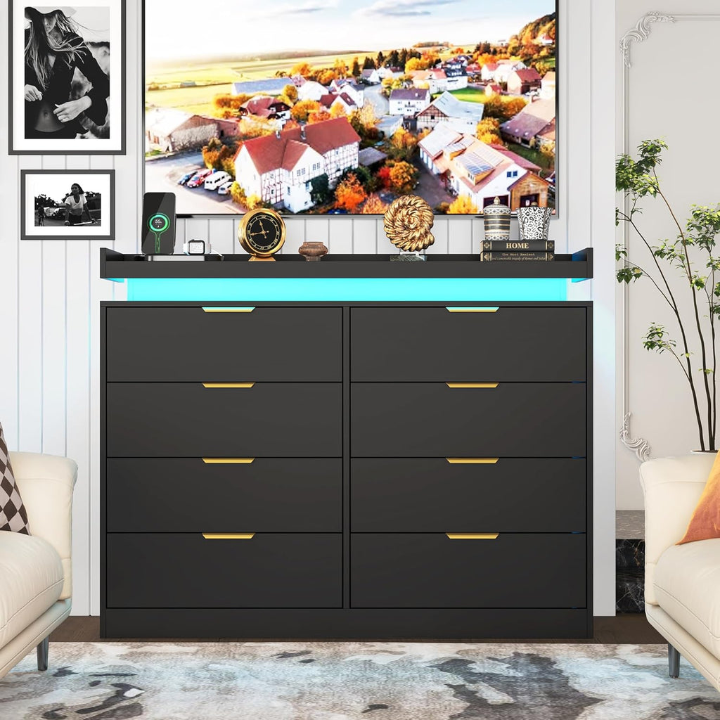 8 Drawer Dressers for Bedroom, Black Dresser with LED Lights and Power Outlet, Wood LED Dresser, Double Wide Modern Chest of Drawers for Bedroom, Entryway, Hallway