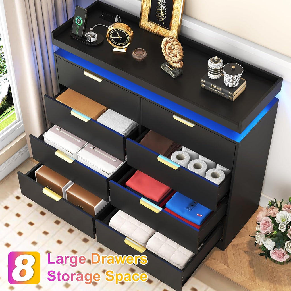 8 Drawer Dressers for Bedroom, Black Dresser with LED Lights and Power Outlet, Wood LED Dresser, Double Wide Modern Chest of Drawers for Bedroom, Entryway, Hallway