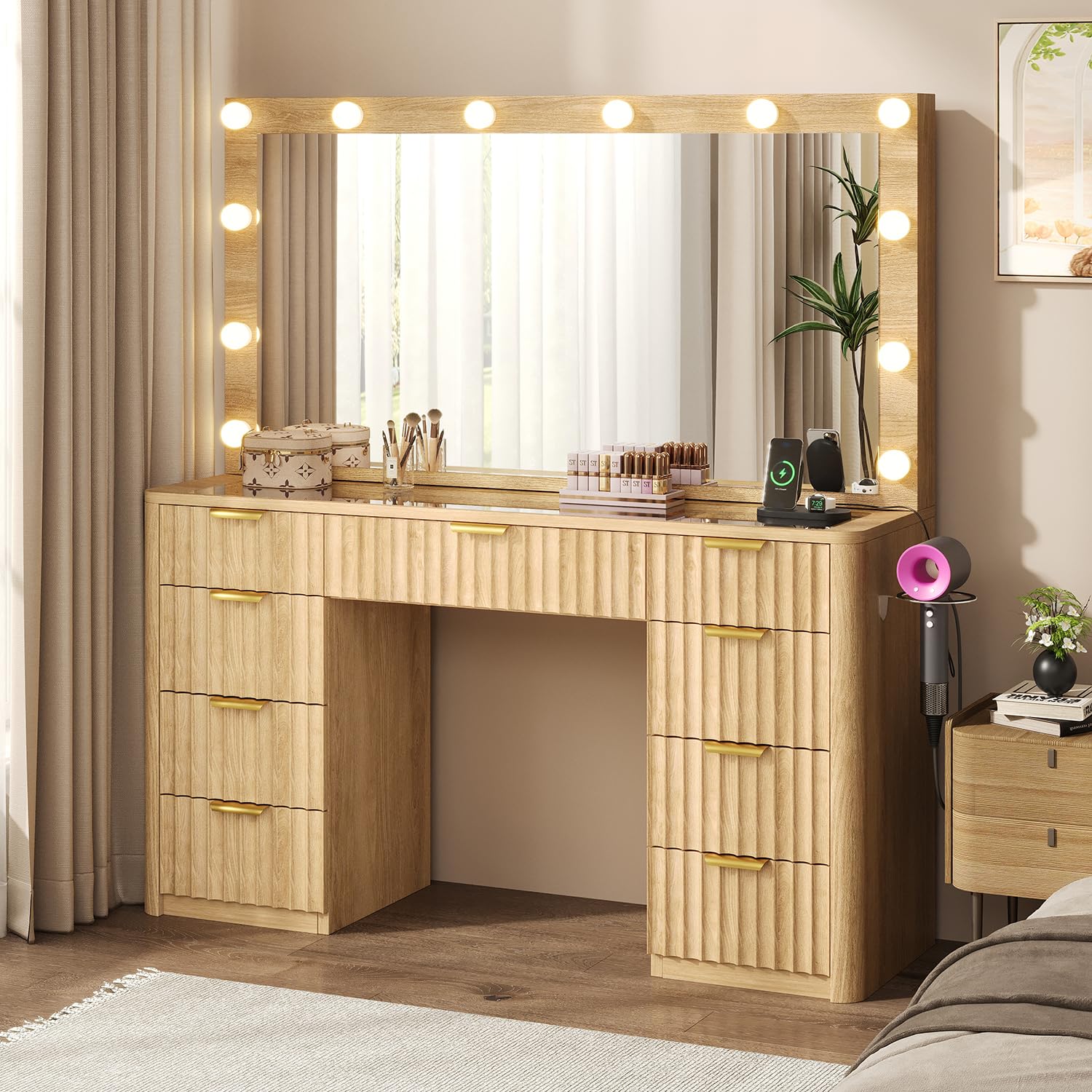 47" Fluted Makeup Vanity Desk with Large 42" Mirror and Ajustable LED Lights, Modern Glass Top Big Vanity Table with 7 Drawers, Dressing Table w/Charging Outlet for Bedroom, Natural Oak