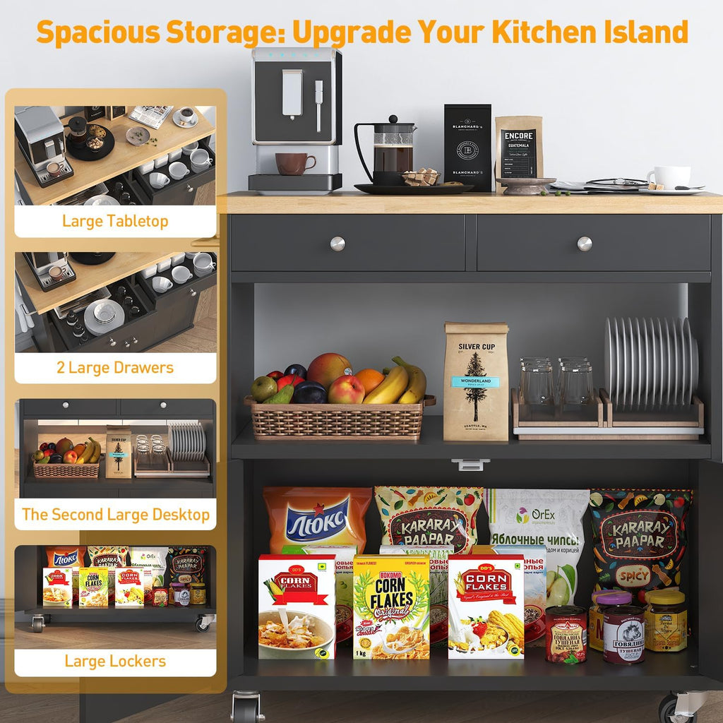Rolling Kitchen Island with Storage Cabinet, 35.4'' Width Kitchen Cart, 2 Drawers Island Table, Portable Mobile Kitchen Island with Towel Rack, Wood Top and Lockable Wheels, Black