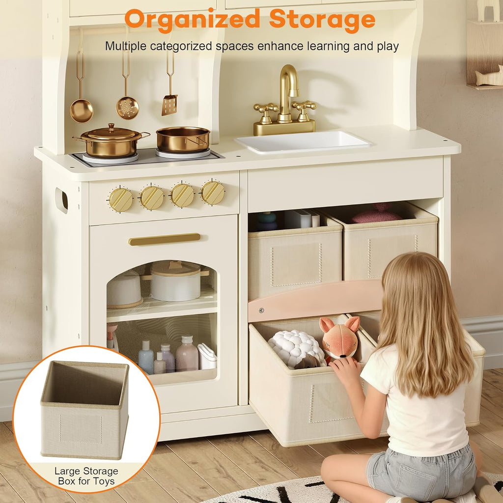 Play Kitchen for Kids, Wooden Toy Kitchen Set with Smart Storage & Accessories, Toddler Kitchen Playset with Stove & Oven, Pretend Play Set, Gift for Ages 3-8, White