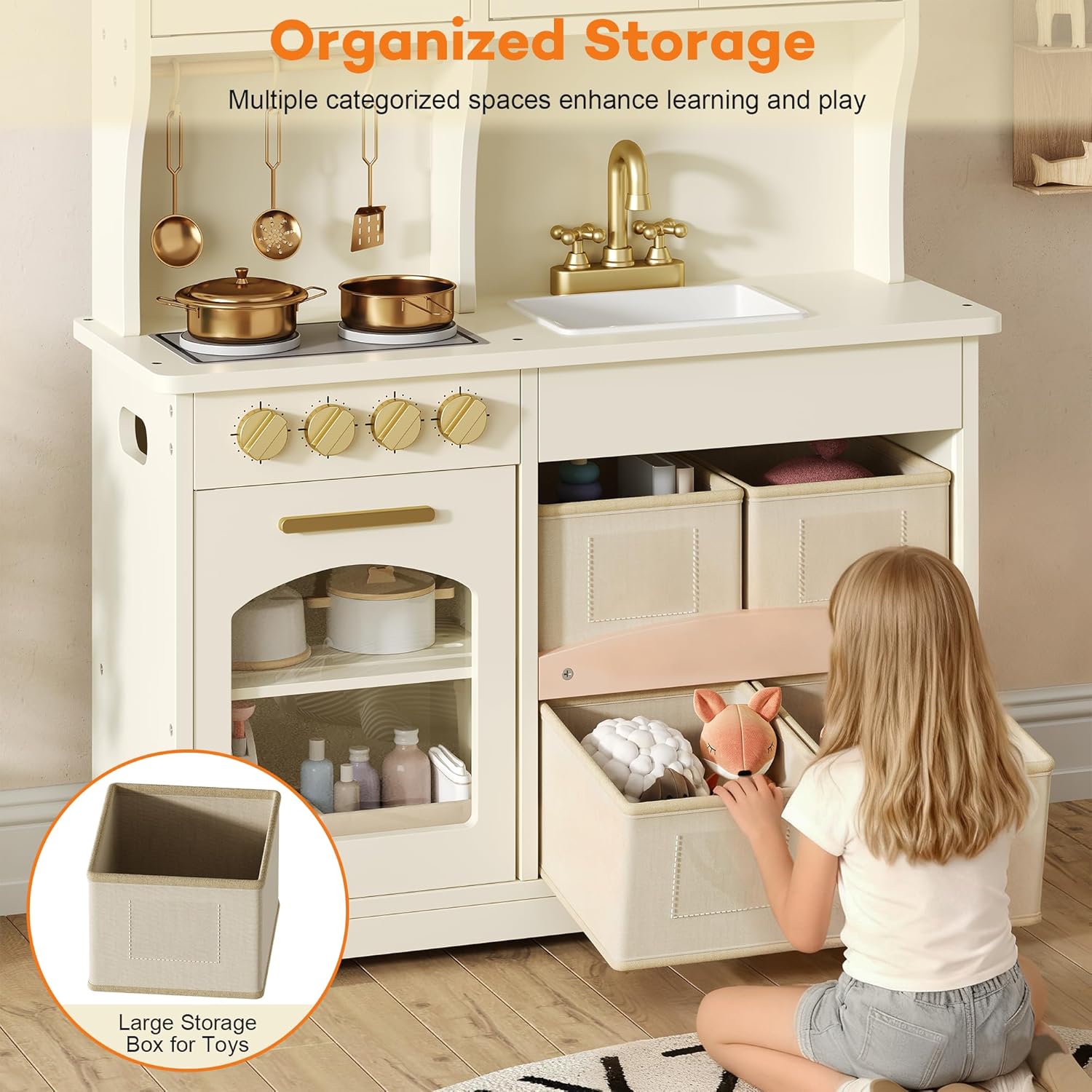 Play Kitchen for Kids, Wooden Toy Kitchen Set with Smart Storage & Accessories, Toddler Kitchen Playset with Stove & Oven, Pretend Play Set, Gift for Ages 3-8, White