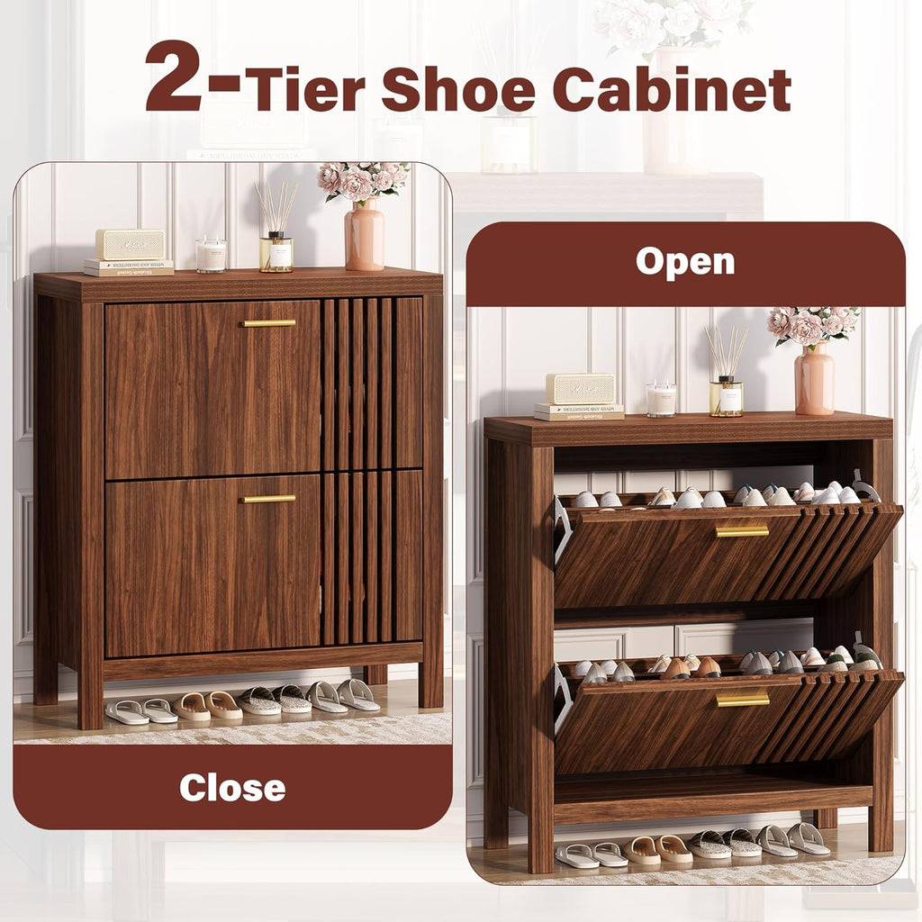 Shoe Storage Cabinet for Entryway with 2 Flip Drawers, 31.5" Slim Fluted Shoe Organizer Cabinet, Narrow Wooden Shoe Rack Cabinet, Freestanding Hidden Shoe Cabinet for Hallway, Entrance (Walnut)