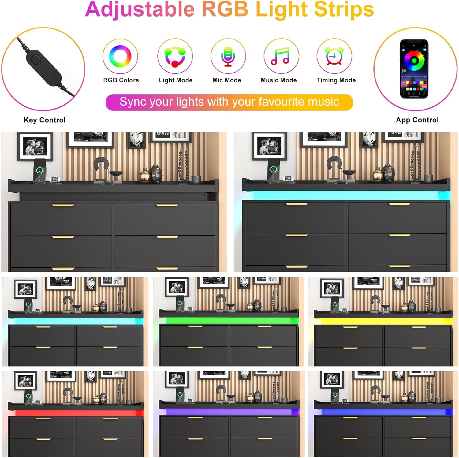 8 Drawer Dressers for Bedroom, Black Dresser with LED Lights and Power Outlet, Wood LED Dresser, Double Wide Modern Chest of Drawers for Bedroom, Entryway, Hallway