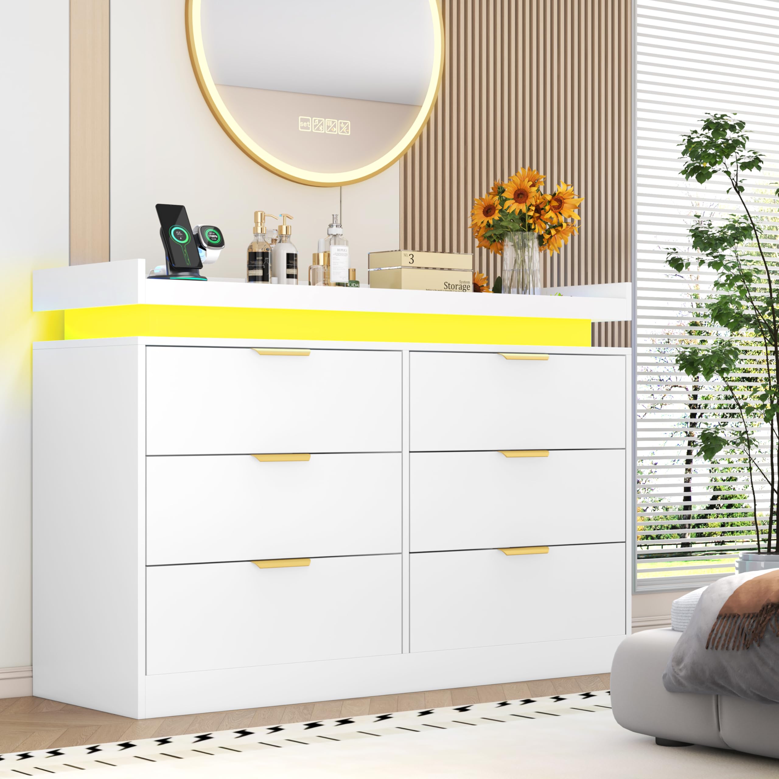 Tall Dresser for Bedroom, Black Dresser with LED Lights, Wood 5 Drawer Chest with Power Outlet, Modern Chest of Drawers for Bedroom, Living Room, Entryway, Hallway