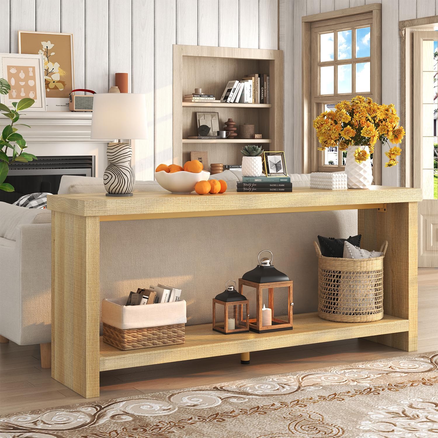 63 Inches Narrow Console Table, 2-Tier Long Sofa Tables Behind Couch Table, Farmhouse Foyer Tables for Entryway, Hallway, Living Room, Oak Natural