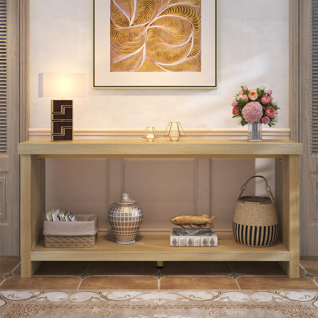 63 Inches Narrow Console Table, 2-Tier Long Sofa Tables Behind Couch Table, Farmhouse Foyer Tables for Entryway, Hallway, Living Room, Oak Natural