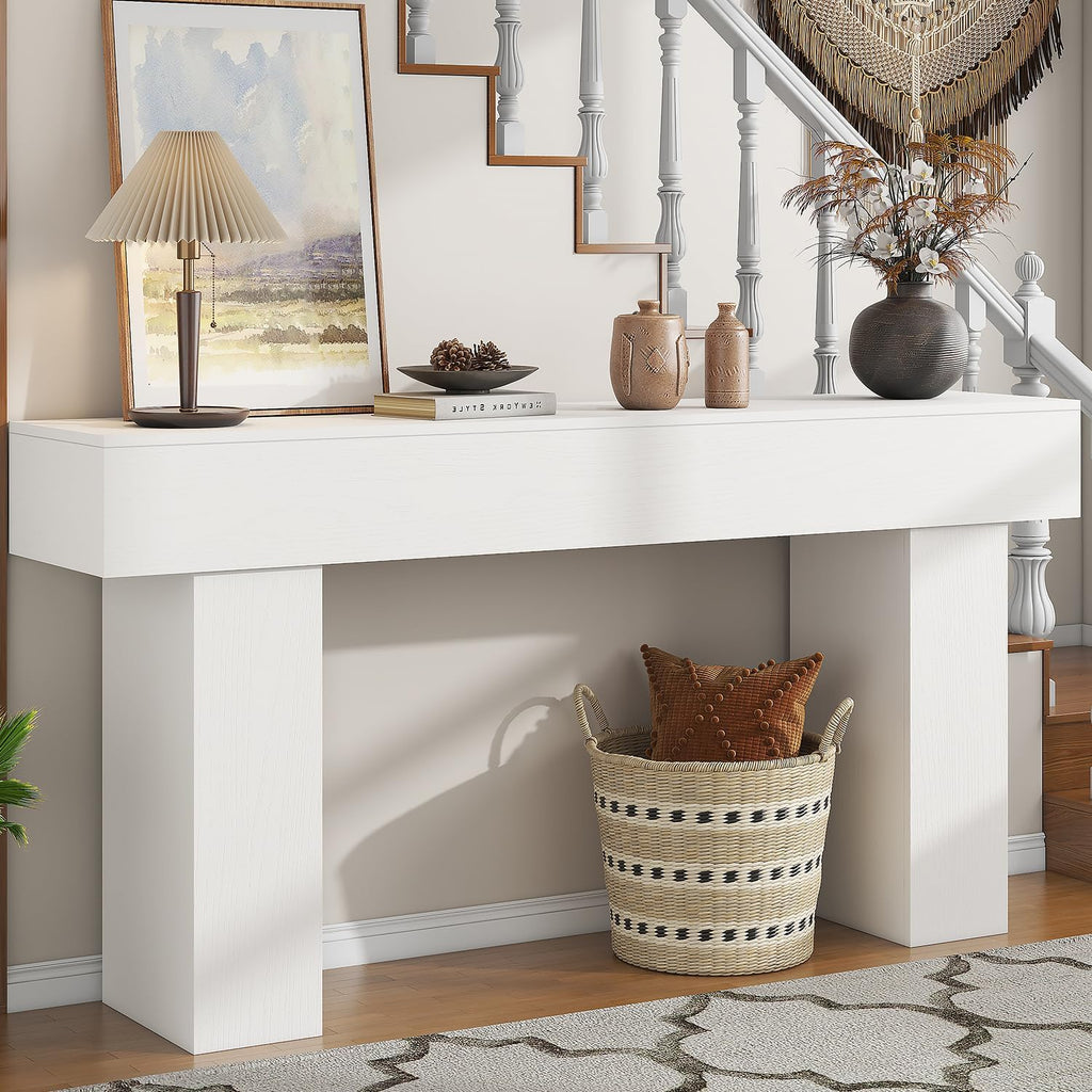 63 Inch Long Console Table for Entryway, Farmhouse Wood Rectangular Sofa Table Behind Couch Table, Narrow Entryway Table for Living Room, Entrance, Hallway, Foyer, Easy Assembly (Classic White)