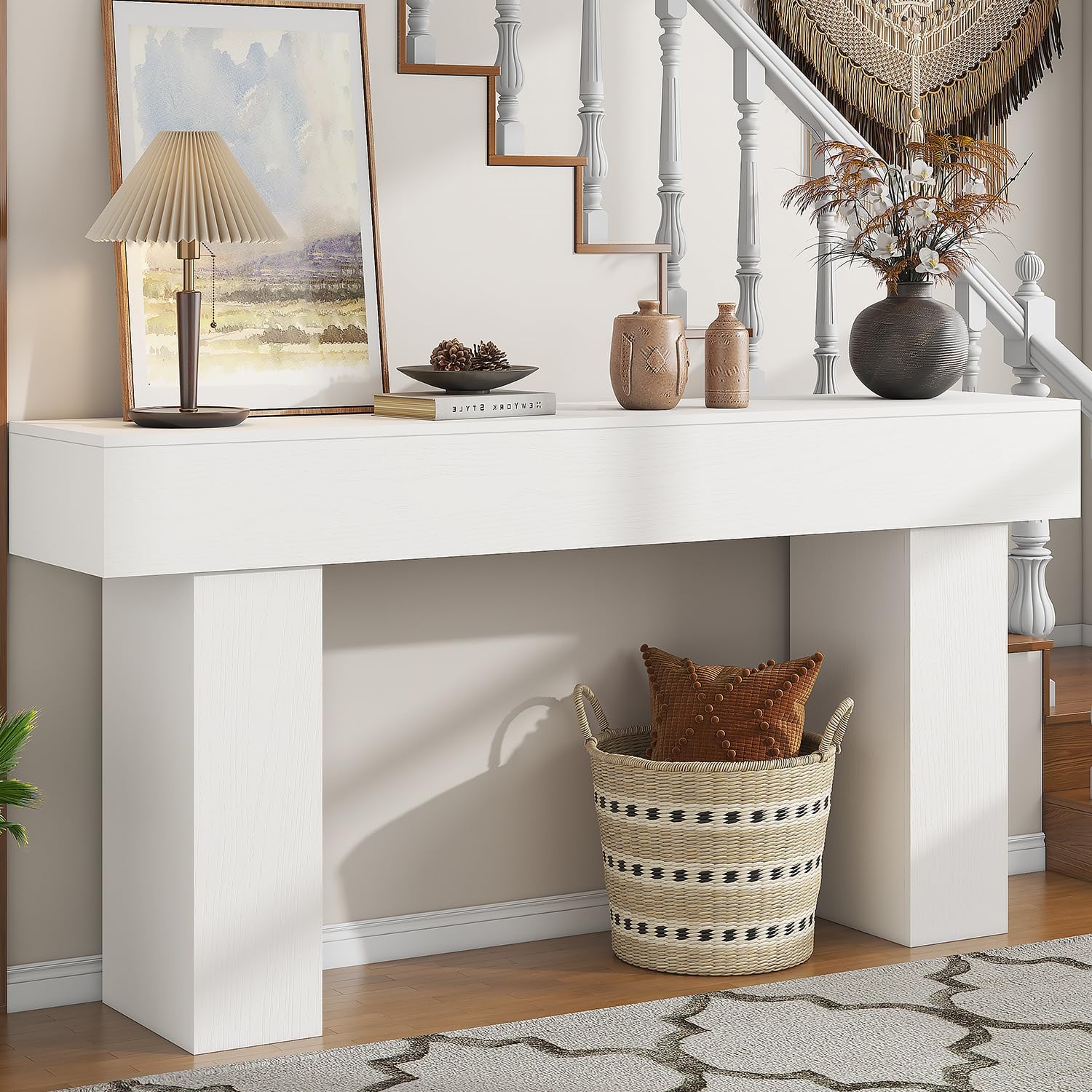 63 Inch Long Console Table for Entryway, Farmhouse Wood Rectangular Sofa Table Behind Couch Table, Narrow Entryway Table for Living Room, Entrance, Hallway, Foyer, Easy Assembly (Classic White)