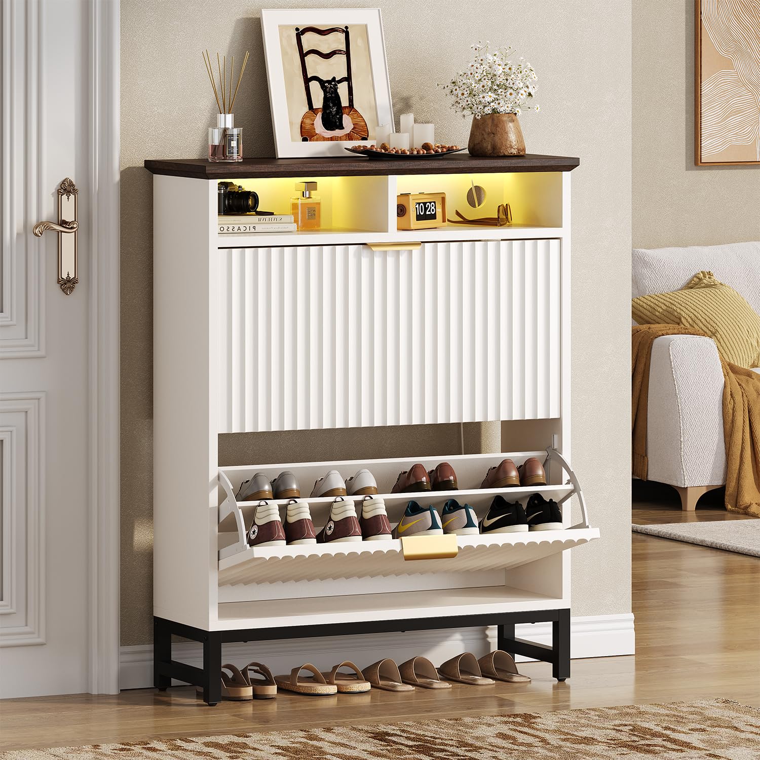 knoworld Fluted Shoe Storage Cabinet with 4 Flip Drawers, Narrow Freestanding Slim Shoe Organizer Cabinet for Entryway, Hidden Shoe Rack with Open Storage Space & LED Light for Hallway or Foyer