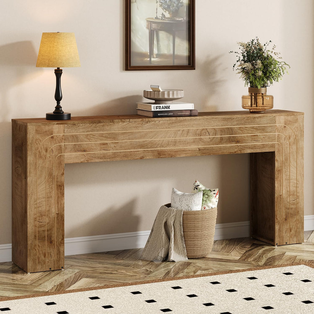 70.9-Inch Long Console Table, Farmhouse Entryway Table with Handcrafted Line Detailing, Wood Narrow Sofa Table for Living Room, Hallway, Foyer, and Behind Couch