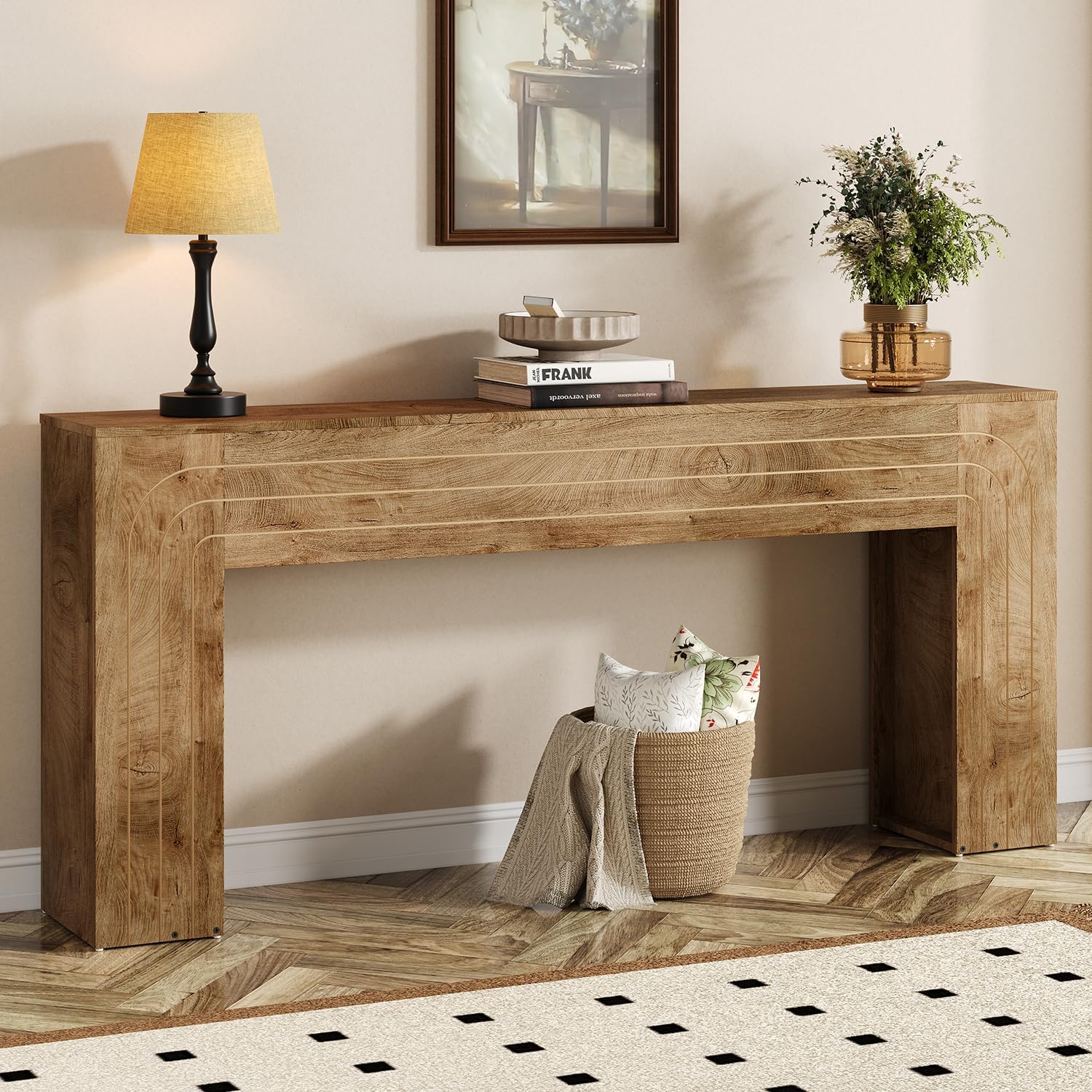 70.9-Inch Long Console Table, Farmhouse Entryway Table with Handcrafted Line Detailing, Wood Narrow Sofa Table for Living Room, Hallway, Foyer, and Behind Couch