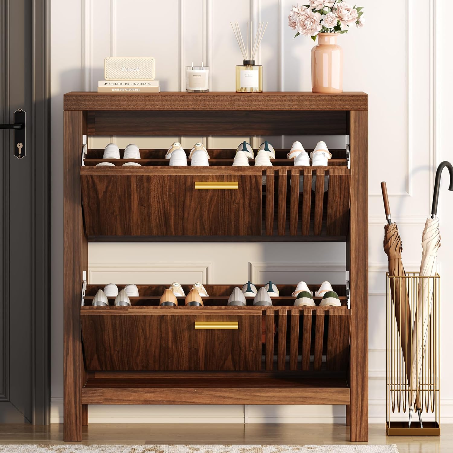 Shoe Storage Cabinet for Entryway with 2 Flip Drawers, 31.5" Slim Fluted Shoe Organizer Cabinet, Narrow Wooden Shoe Rack Cabinet, Freestanding Hidden Shoe Cabinet for Hallway, Entrance (Walnut)