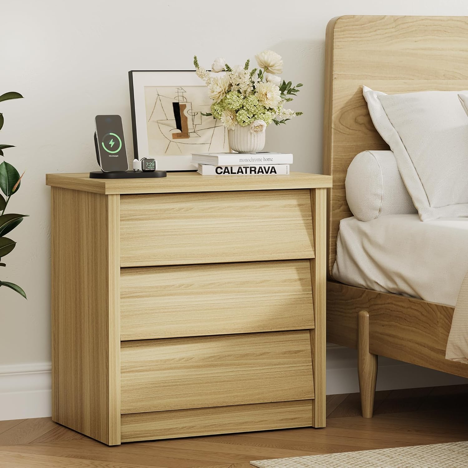 23" Wide Nightstand with Charger Station, Wood Night Stand with 3 Drawers, Modern Bedside Table with USB Ports and Outlets, Storage Bed Side End Table for Bedroom, Living Room, Hallway (Natural)