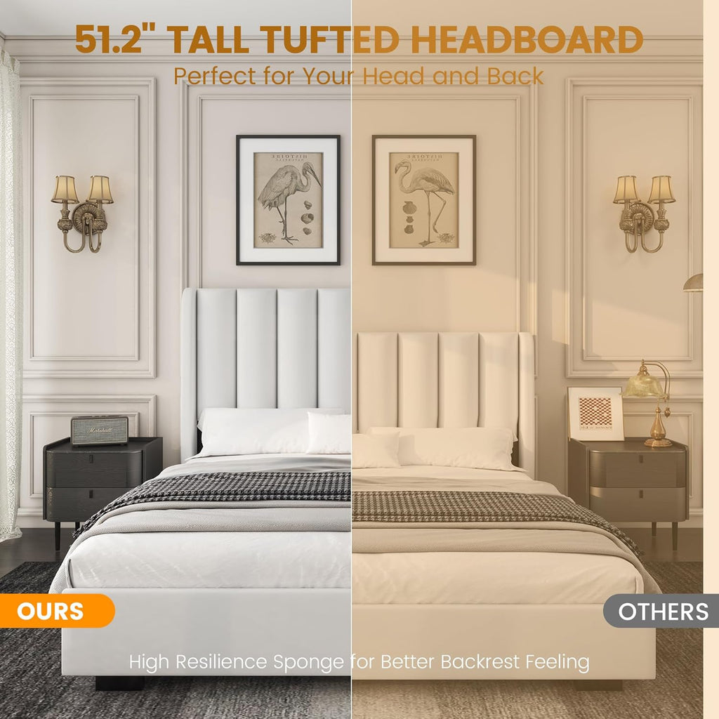 Queen Size Lift Up Storage Bed Frame with 51" Tall Headboard, Upholstered Velvet Wingback Tufted Design, Wood Slats Support, No Box Spring Required, Noise-Free Double Bed Frame (Queen,White)