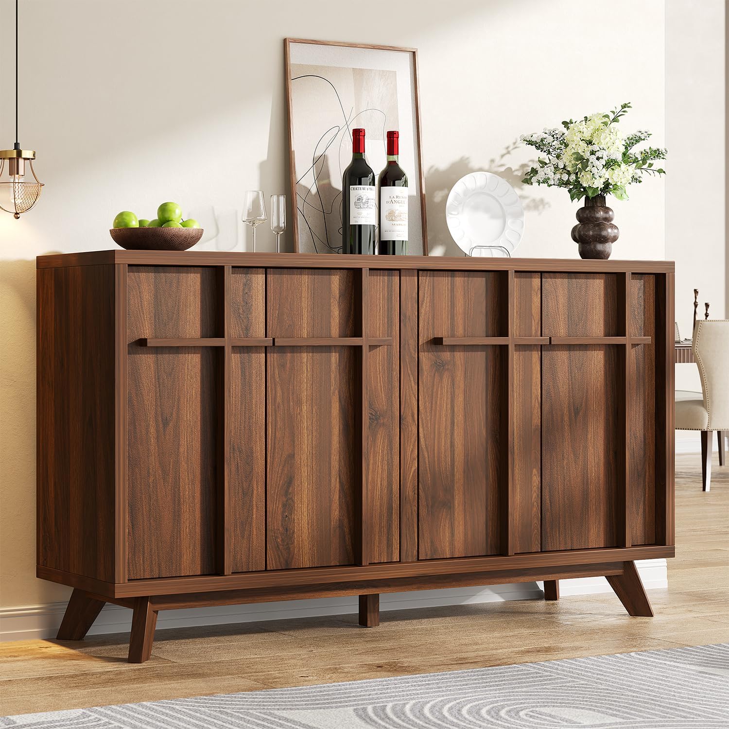 Sideboard Buffet Cabinet with Storage, 59" Modern Credenza with 4 Doors & Adjustable Shelves, Wood Console Cabinet for Living Room Kitchen Dining Room Hallway (Walnut)