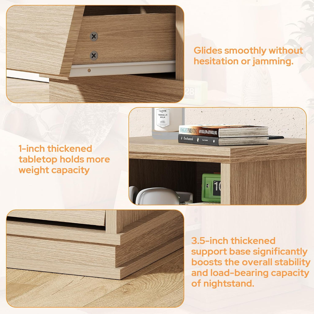 knoworld 18" Wide Nightstand with Charger Station ＆ 2 Drawers, Oak | Modern Night Stand with USB Ports and Outlets, End Table with Open Shelf, Storage Bedsides Table for Bedroom, Living Room