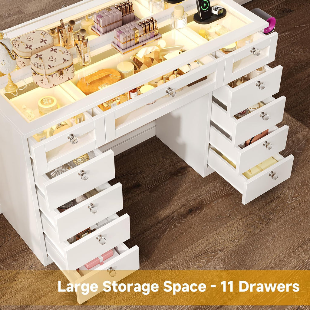Glass Top Vanity Desk with RGB Drawers, 11 Drawers Large Makeup Vanity with Mirror and 14 LED Lights, 47" Dressing Table with Power Outlet, White
