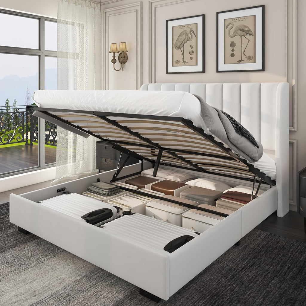 Queen Size Lift Up Storage Bed Frame with 51" Tall Headboard, Upholstered Velvet Wingback Tufted Design, Wood Slats Support, No Box Spring Required, Noise-Free Double Bed Frame (Queen,White)