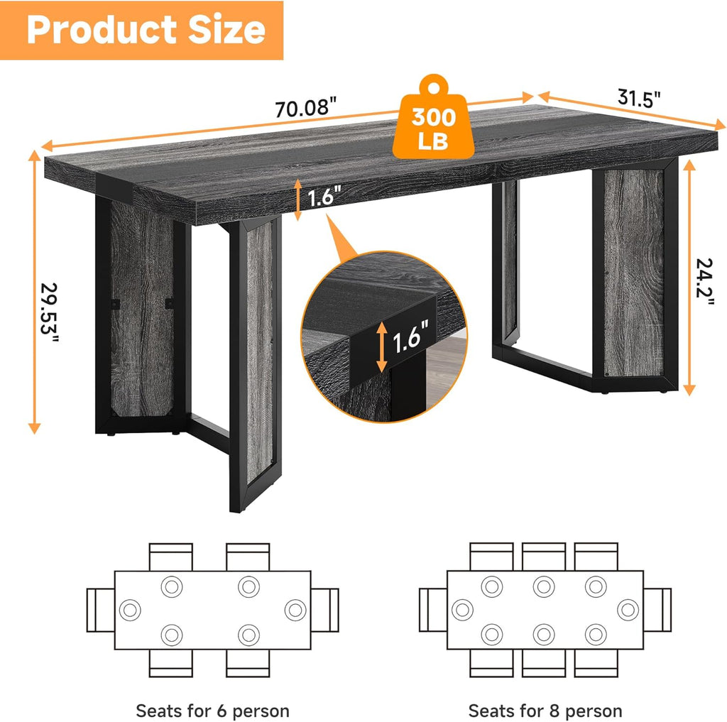 Industrial Dining Table for 6-8 People, 71" Large Long Wooden Kitchen Table with Sturdy Metal Frame & Brown Finish, Rustic Style Rectangular Dinner Table for Dining Room, Kitchen (Oak Gray)