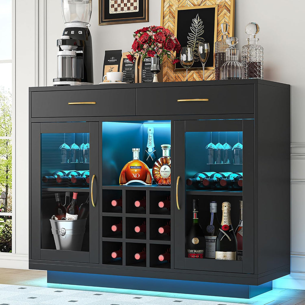 Wine Bar Cabinet with LED Lights, Coffee Bar Cabinet with Wine and Glass Rack, Black Bar Cabinet Liquor Cabinet, Kitchen Buffet Sideboard with Storage for Living Room, Dining Room