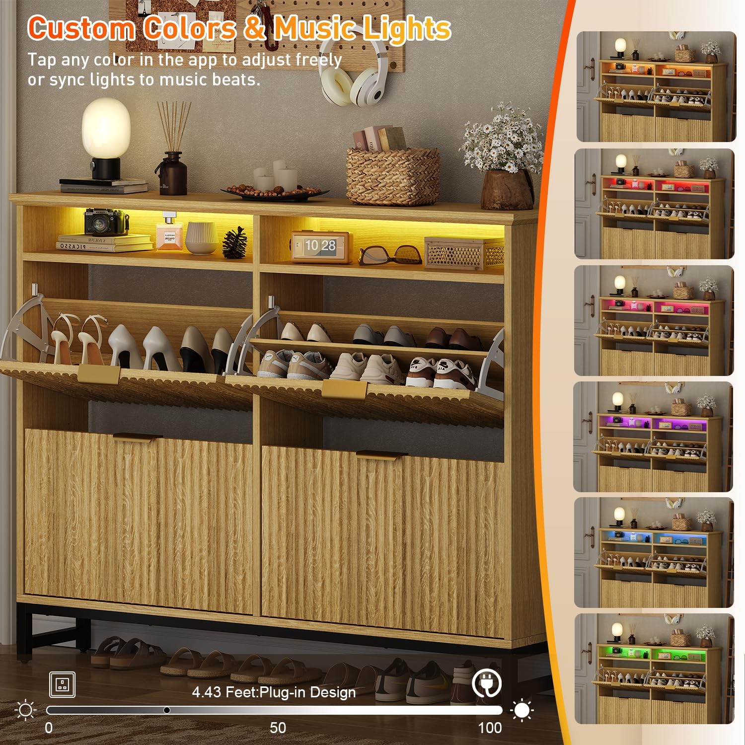 knoworld Fluted Shoe Storage Cabinet with 4 Flip Drawers, Narrow Freestanding Slim Shoe Organizer Cabinet for Entryway, Hidden Shoe Rack with Open Storage Space & LED Light for Hallway or Foyer