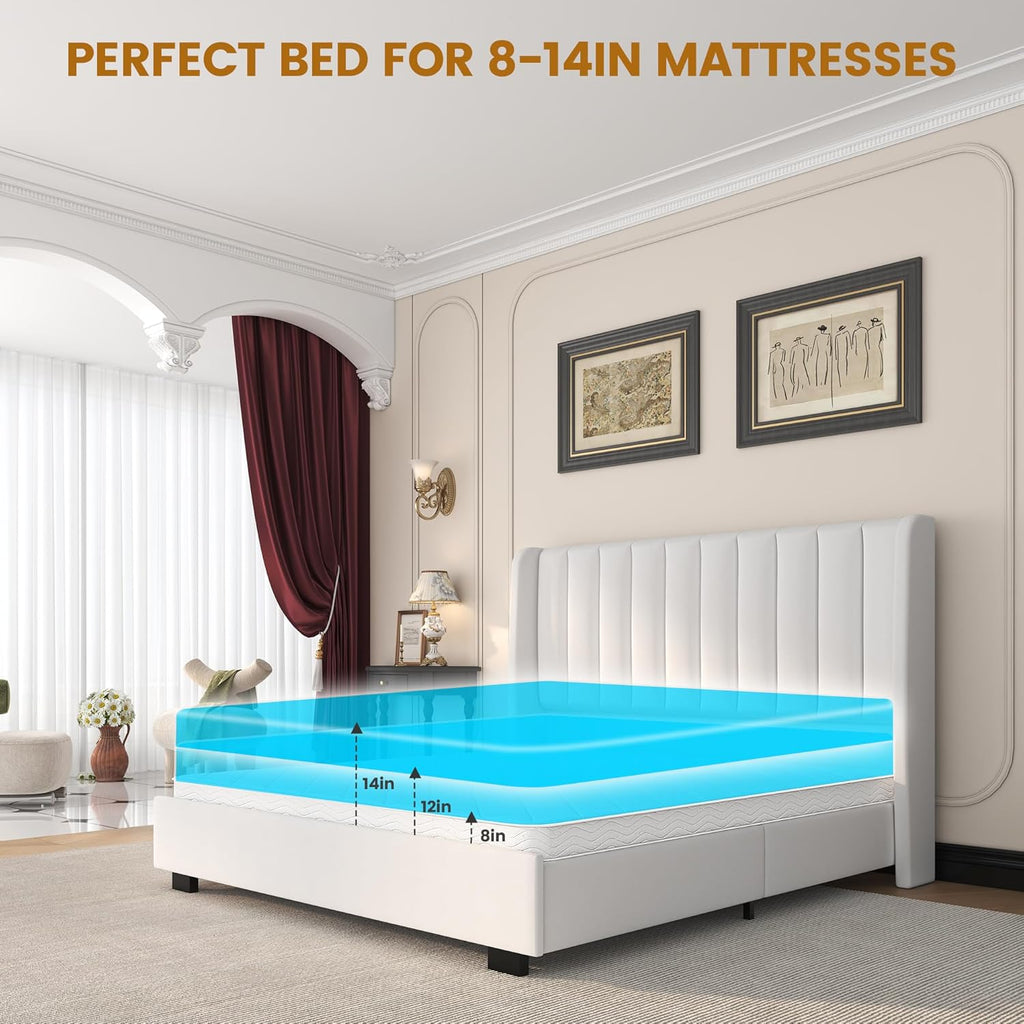 Queen Size Lift Up Storage Bed Frame with 51" Tall Headboard, Upholstered Velvet Wingback Tufted Design, Wood Slats Support, No Box Spring Required, Noise-Free Double Bed Frame (Queen,White)