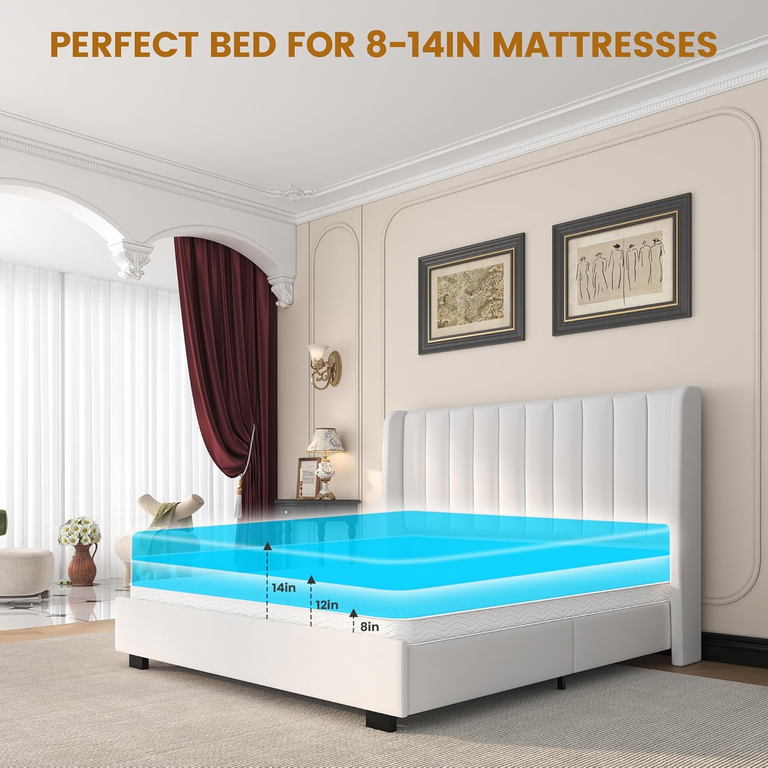 Queen Size Lift Up Storage Bed Frame with 51" Tall Headboard, Upholstered Velvet Wingback Tufted Design, Wood Slats Support, No Box Spring Required, Noise-Free Double Bed Frame (Queen,White)