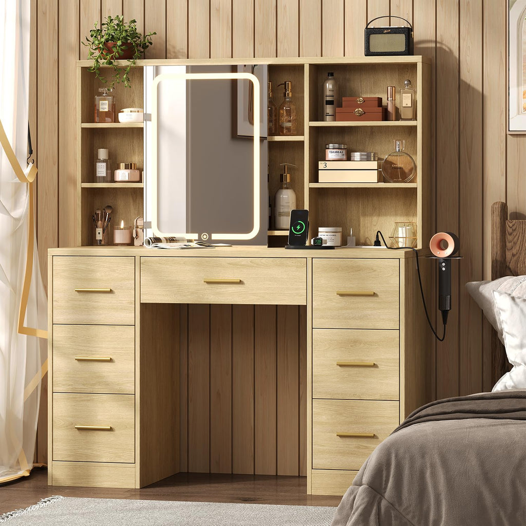 47'' Large Vanity Desk with Mirror and Lights, 7 Drawers, 8 Storage Shelves Vanity Table, Big Makeup Vanity Desk with 3 LED Lighting Modes, Vanity Dresser with Outlet, Sliding Mirror (White)