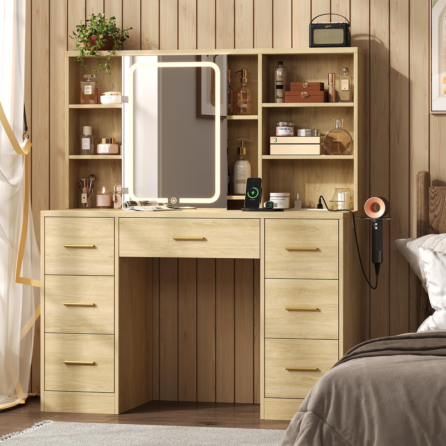 47'' W Large Vanity Desk with Mirror and Lights, 8 Storage Shelves 7 Drawers Vanity Table, Big Makeup Vanity Desk with 3 Lighting Modes, Vanity Dresser with Charging Station, Sliding Mirror (Black)